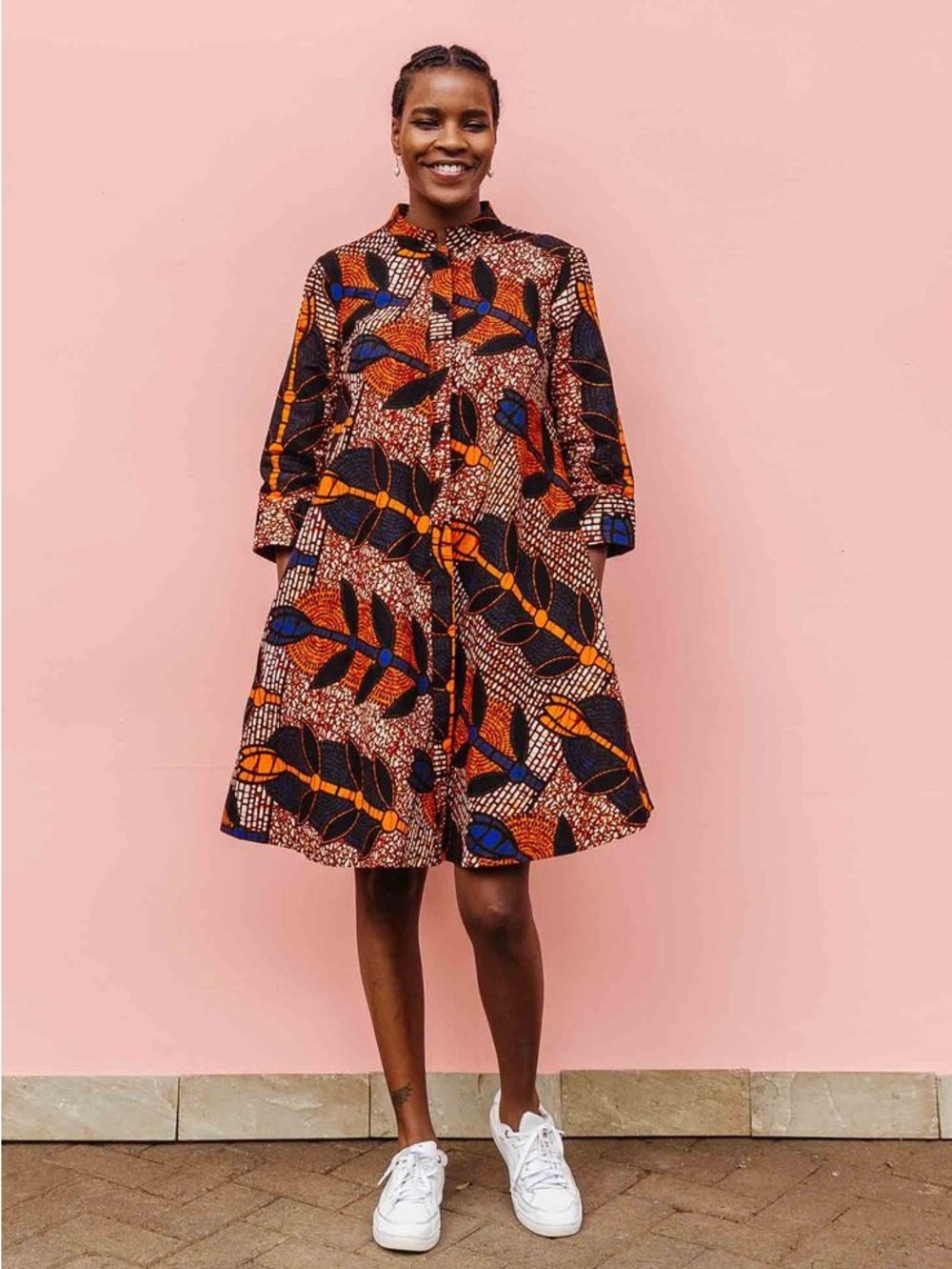 Zuri Kenya Onward Dress XS Blue Orange African Wax Print Cotton Shirt Dress